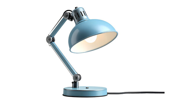 A blue articulated desk lamp illuminates, its cord trailing, set against a dark background