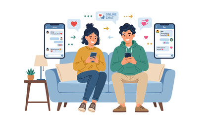Fototapeta premium A young couple, a man and a woman, chat online on their mobile phones, exchanging love messages through social networks, depicted in a colored flat vector illustration set against a white background