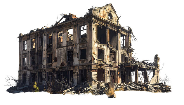 Heavily damaged, multi-story building ravaged by destruction; exterior details