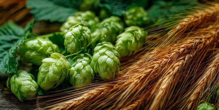 Fresh Hops and Wheat Ears for Craft Beer Brewing
