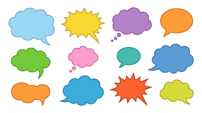 Vector illustration featuring isolated, empty comic sound speech bubbles on a white background, accompanied by clouds that provide space for text