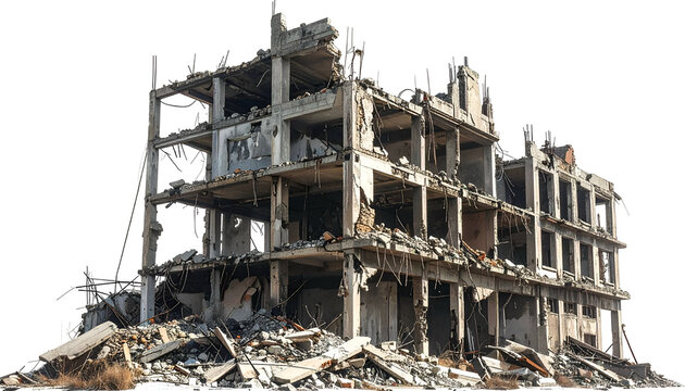 Collapsed concrete building with exposed levels, rubble, and structural damage under sunlight