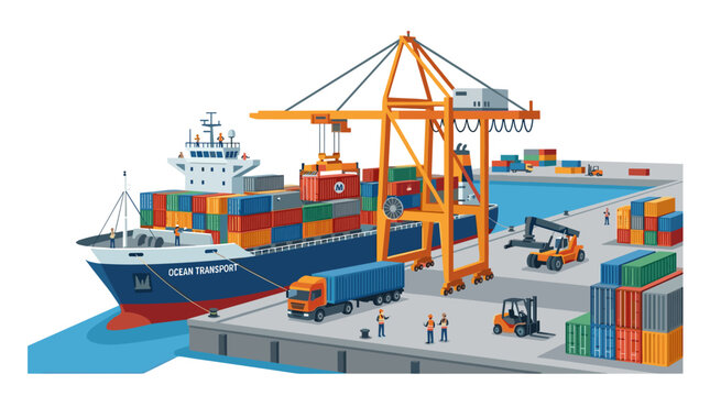 A cargo vessel docked at a seaport, loading and unloading containers with a crane, exemplifying maritime transport, delivery, shipment, trade, and logistics in a flat vector illustration