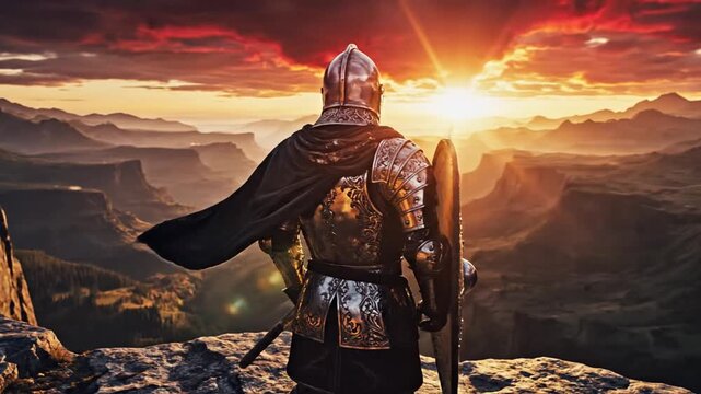 A knight in armor stands on a cliff overlooking mountains at sunset with a sword.