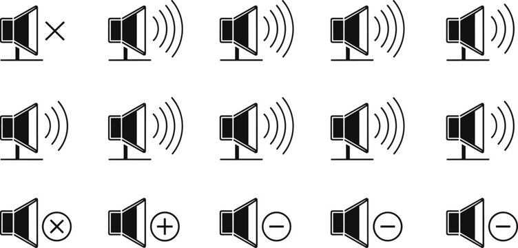 Speaker volume icon set with sound wave levels, mute, increase and decrease audio symbols for media control user interface vector