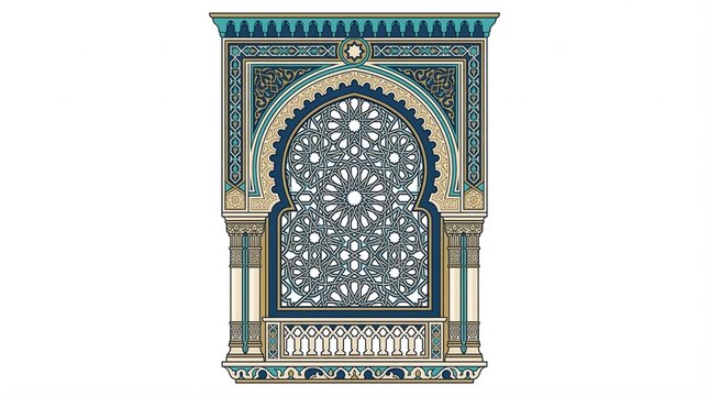Ornate vector illustration of a traditional Moorish architectural window featuring intricate geometric patterns and a decorative arch, capturing cultural elegance and sophisticated design