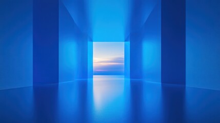 Fototapeta premium Abstract blue corridor with sky view