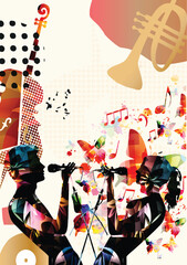Vibrant duet of singers silhouette with large cello and trumpet instruments on abstract musical background with geometric dots © abstract