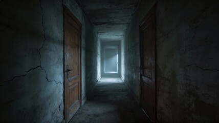 Obraz premium Corridor in Abandoned Building with Light at End