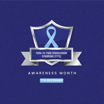 Light blue awareness ribbon on a silver shield for Twin-To-Twin Transfusion Syndrome (TTTS) Awareness on December 7th. Vector design for maternal-fetal health and pregnancy support.