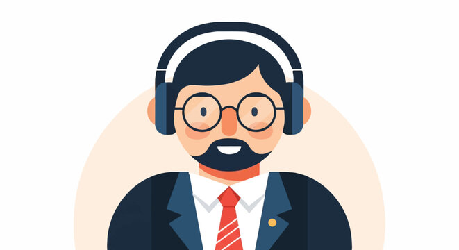 Friendly professional with headphones and spectacles, wearing a tie and suit