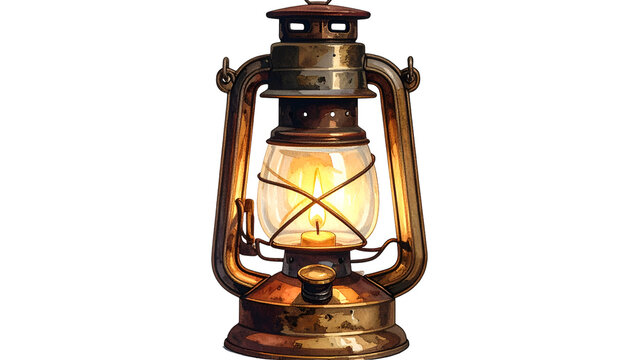 A vintage brass lantern illuminates, casting a warm glow, against a stark black background