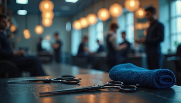 Barber tools including scissors and comb sit on a wooden table. Soft light illuminates blurred figures in barber shop interior. Men receive grooming services in stylish salon.