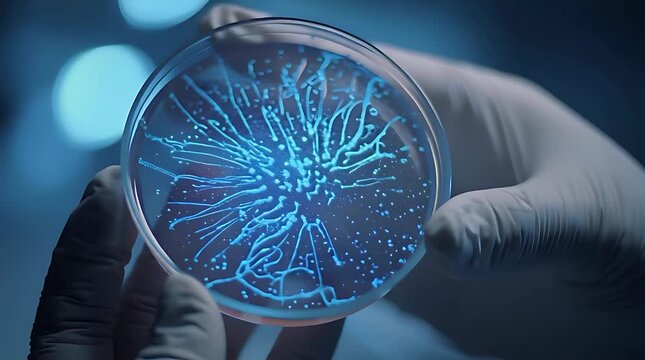 A gloved hand holds a petri dish containing a vibrant, glowing blue microbial culture, showcasing intricate patterns of growth in a laboratory setting.