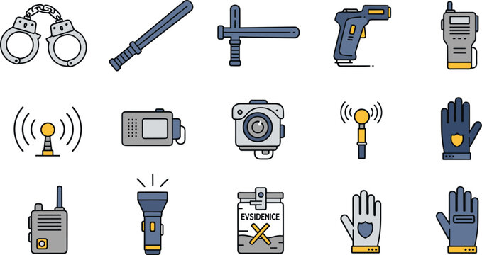 Police Tactical Equipment and Law Enforcement Gear Icon Set Featuring Handcuffs, Baton, Taser Gun, Radio Communication, Flashlight, Body Camera and Evidence Bag