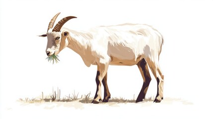 Obraz premium A light colored goat is standing and eating grass in a grassy area under the sun