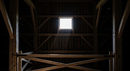 Rustic barn interior with wooden beams and skylight