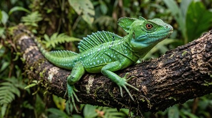 Fototapeta premium Green Plumed Basilisk Lizard (Basiliscus plumifrons), Boca Tapada