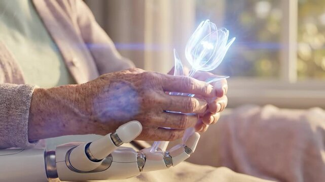 elderly woman with robotic prosthetic hands holds glowing blue tulip by window. cybernetic enhancement aids gentle floral interaction for future technology concept