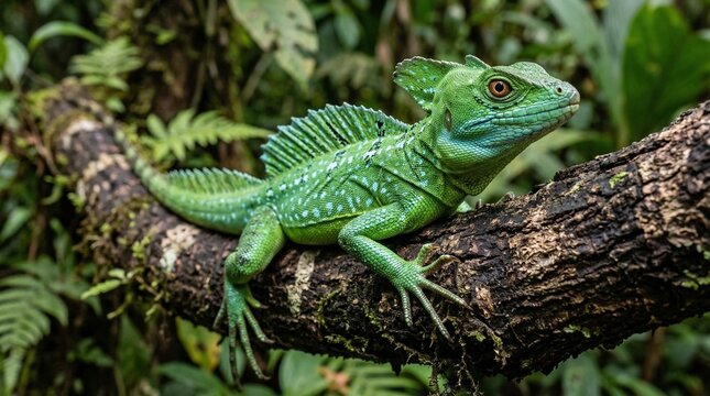 Green Plumed Basilisk Lizard (Basiliscus plumifrons), Boca Tapada
