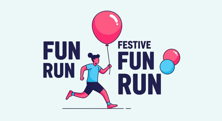 Obraz premium Joyful Festive Fun Run Event Illustration Featuring a Person with Balloons and Dynamic Typography