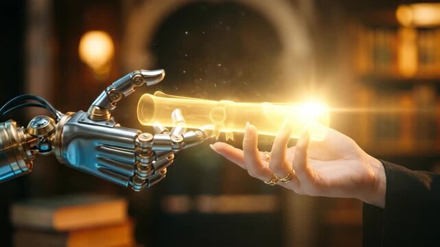 Woman receiving glowing orb from robotic hand in ancient library. Symbol of knowledge transfer between human and ai. Futuristic technology and discovery concept.