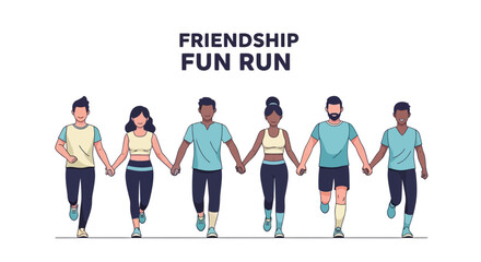 Obraz premium Joyful Group Of Friends Holding Hands Together While Running In A Marathon Event