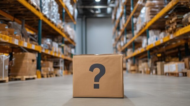Cardboard box with question mark in warehouse aisle. Lost or missing package concept, logistics confusion, misplaced parcel in storage, delivery problem and supply chain uncertainty