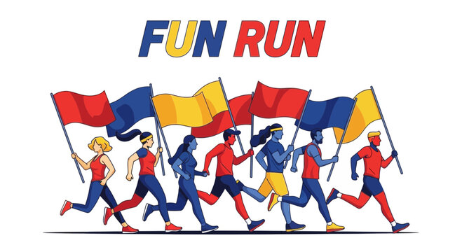Joyful Parade Of Runners Waving Flags: A Celebration Of Fitness And Teamwork