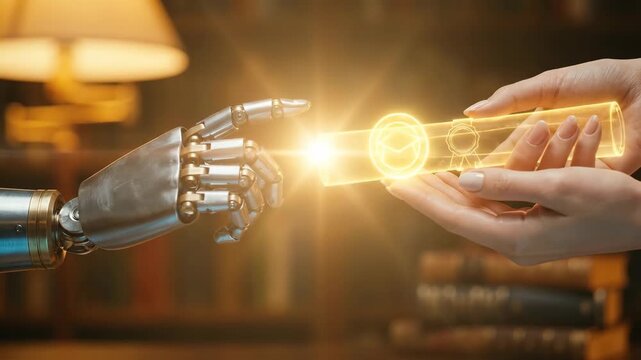 Woman interacting with robotic hand holding glowing rectangular device in library. Human AI collaboration and technology knowledge transfer concept