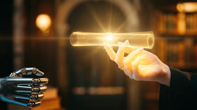 Woman receiving glowing ancient scroll from robotic arm in mystical library. Human hand grasping luminous artifact from mechanical grip. Symbolizes ai transferring knowledge to human in futuristic