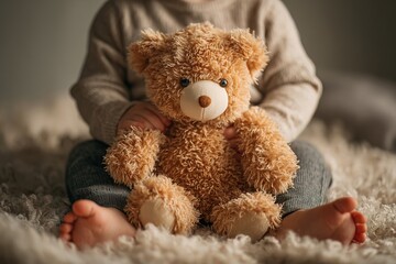 A child sits on a soft rug with bare feet and holds a teddy bear. The setting is cozy with warm lighting, creating a playful atmosphere. Family is nearby during the afternoon