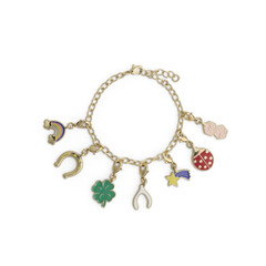 Fototapeta premium Gold Charm Bracelet with Rainbow, Horseshoe, Clover, Star, Shooting Star, Ladybug, and Heart Charms