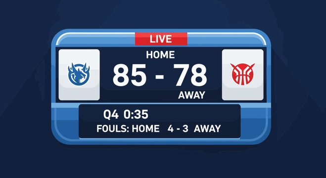 Live Basketball Match Scoreboard Depicting Home and Away Scores During a Fourth Quarter Game