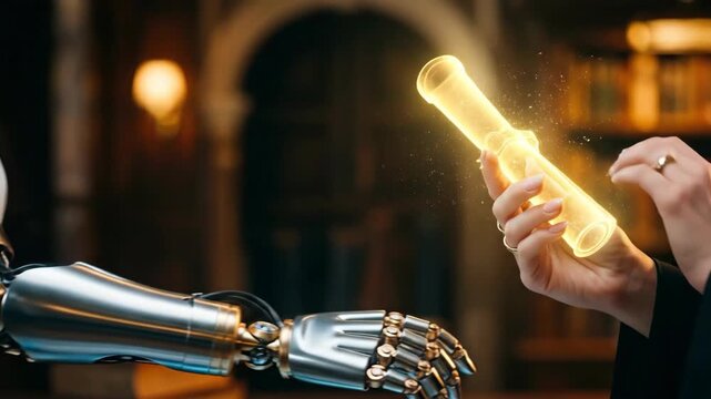 Robotic arm extending glowing golden scroll to human hand in library. Symbol of AI collaboration in education and achievement milestone. Future technology aiding learning process.