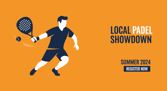 Local Padel Showdown Announcement with Player Illustration and Orange Background