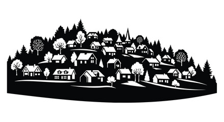 Obraz premium Charming village landscape with houses and trees a stark silhouette