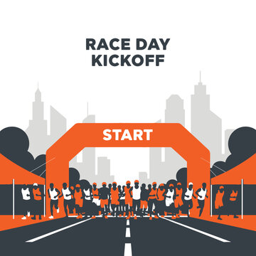 Marathon Race Start Line Excitement Urban Cityscape Background Dynamic Crowd Gathering