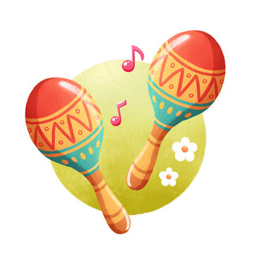 Cute cartoon maracas with musical notes, kids percussion instrument illustration
