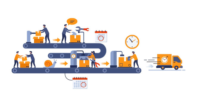 Supply Chain & Logistics Process: Production, Assembly, Packaging, Delivery with Efficiency & Deadline Concepts