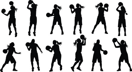 Basketball player silhouettes collection, female athletes dribbling, passing and shooting ball, sport action poses isolated for training and competition design © Siddiqa Creatives 