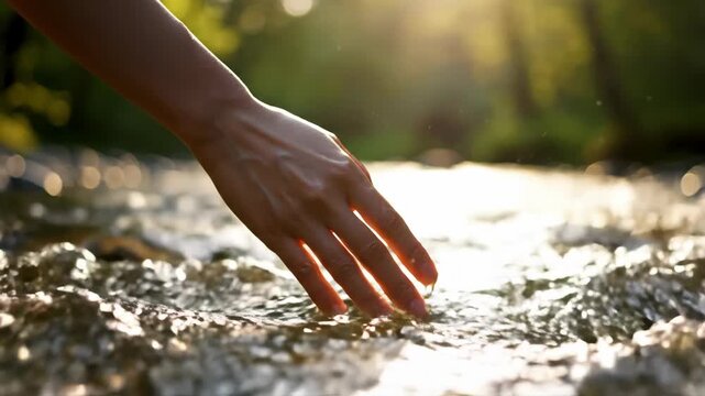 Hand approaching clear river surface in sunlight. Gentle skimming creates ripples on water. Serene outdoor nature interaction with flowing stream and green surroundings.