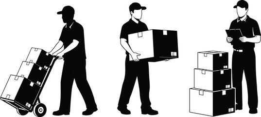 Delivery workers handling packages and boxes, courier staff transporting parcels with hand truck and clipboard, logistics shipping and warehouse distribution concept illustration © Siddiqa Creatives 