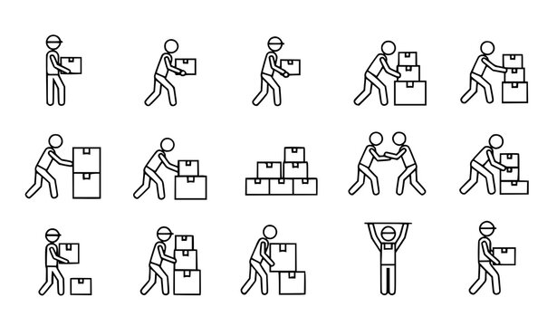Worker moving box pictogram icons package handling logistics symbol vector