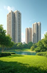Obraz premium High-rise apartment buildings stand near calm pond surrounded by rich green trees, manicured lawns. Bright sunny day creates peaceful urban park landscape. Modern residential architecture integrates