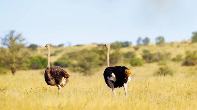 portrait of wild african common ostrich birds walking in the forest. african common ostrich birds family in the forest