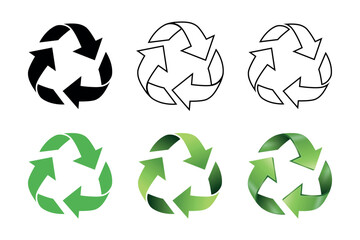 Obraz premium Recycling Symbol Set, Vector Illustration. Eco Recycle Arrows Icons in Black Outline and Green. Circular Reduce Reuse Recycle Sign for Environmental Label, Waste Sorting and Sustainability Design