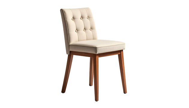 Elegant chair with button-tufted back and seat, wooden legs, isolated on black