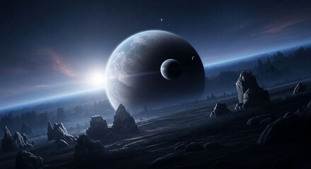 Planets and moon against starfield