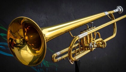Obraz premium Brass trumpet close-up with dark background